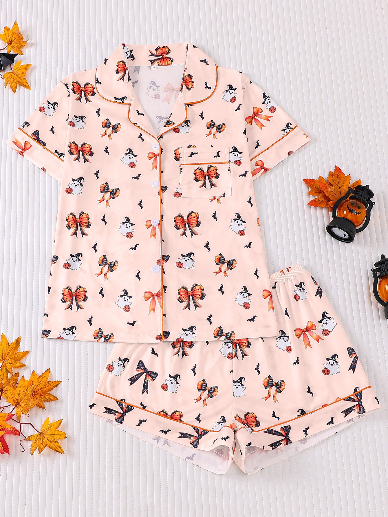 Women's Halloween Print Lapel Pajama Set – Mid-Year Sale: Casual, Comfortable Short-Sleeve Top & Shorts – All-Season Loungewear