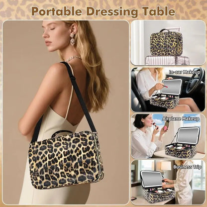 Leopard Print Makeup Case with Mirror & Dimmable LED Lights