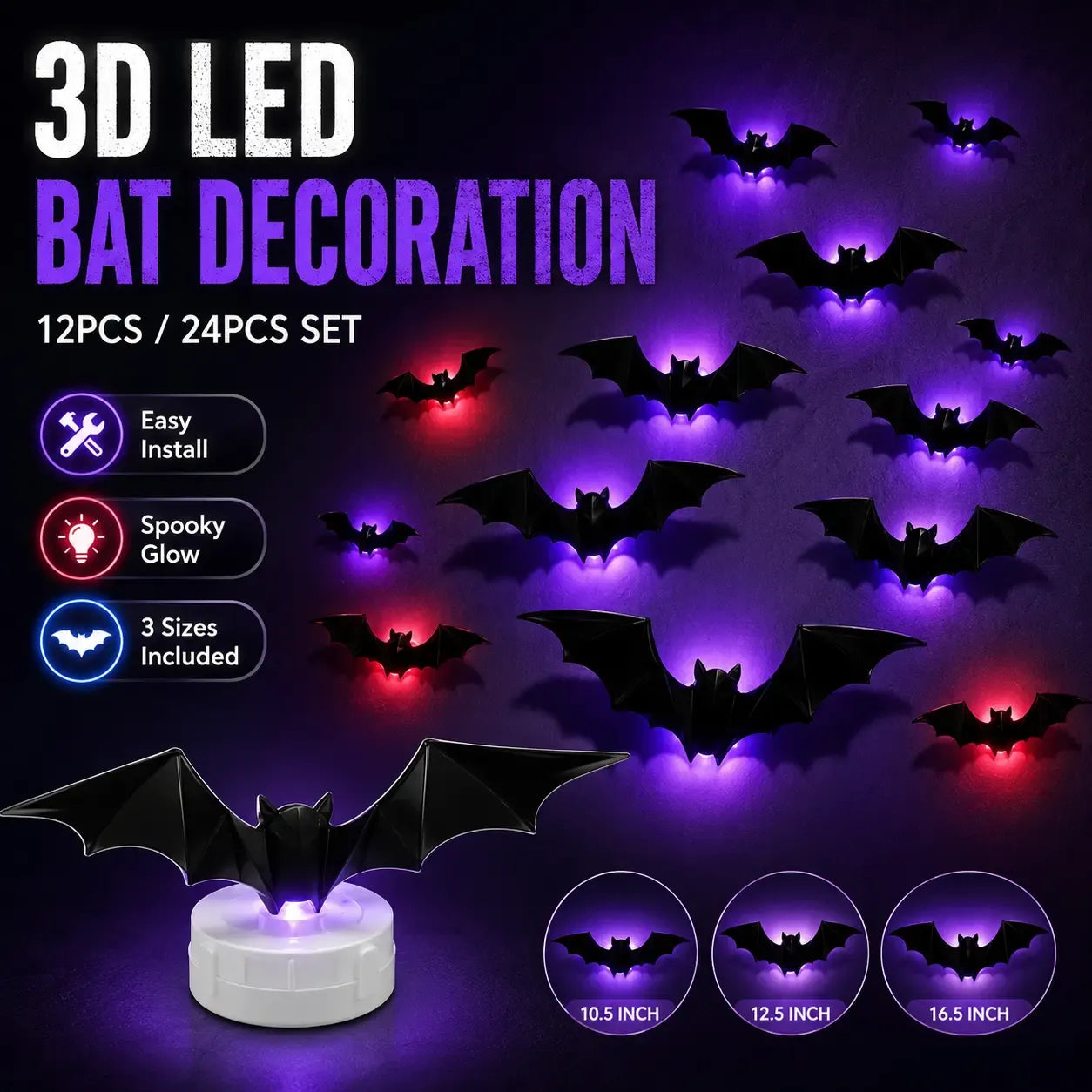 🦇Halloween decorative items - 3D black bat wall stickers with LED lights