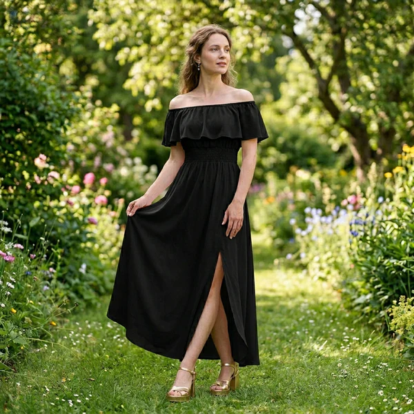 ⭐ 🔥Limited Time | Cold Shoulder Ruffle Maxi Dress with Pockets