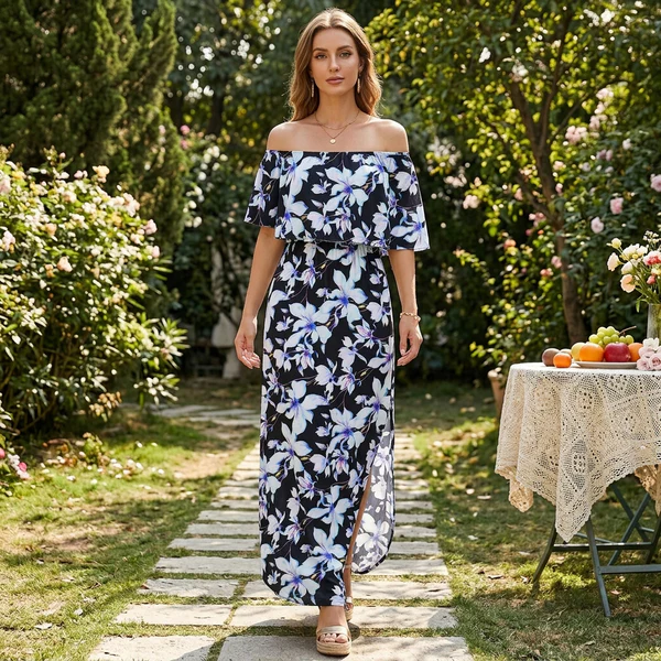 ⭐ 🔥Limited Time | Cold Shoulder Ruffle Maxi Dress with Pockets