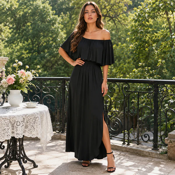 ⭐ 🔥Limited Time | Cold Shoulder Ruffle Maxi Dress with Pockets