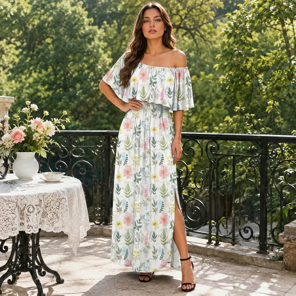 ⭐ 🔥Limited Time | Cold Shoulder Ruffle Maxi Dress with Pockets