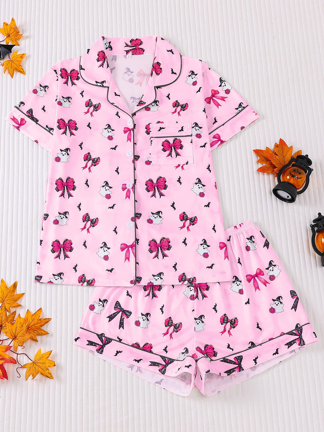 Women's Halloween Print Lapel Pajama Set – Mid-Year Sale: Casual, Comfortable Short-Sleeve Top & Shorts – All-Season Loungewear