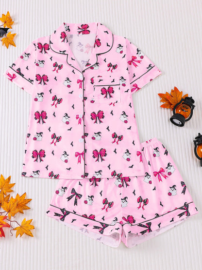Women's Halloween Print Lapel Pajama Set – Mid-Year Sale: Casual, Comfortable Short-Sleeve Top & Shorts – All-Season Loungewear