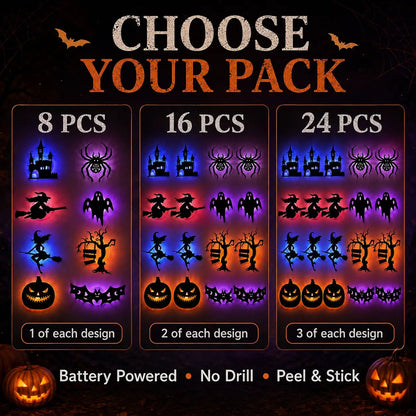 🔥 LAST DAY 50% OFF | 8-Pack Halloween LED Silhouette Wall Lights – Battery-Powered Peel & Stick Decor