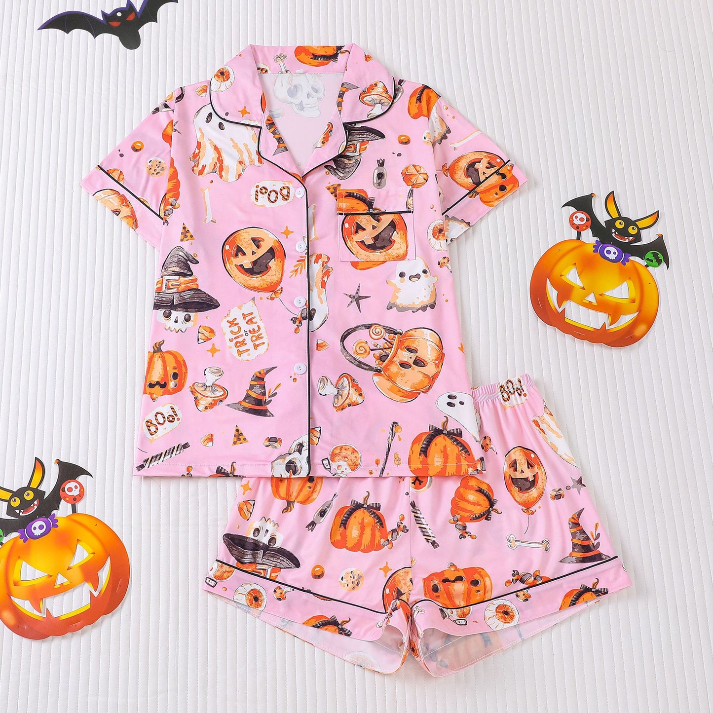 Women's Halloween Print Lapel Pajama Set – Mid-Year Sale: Casual, Comfortable Short-Sleeve Top & Shorts – All-Season Loungewear