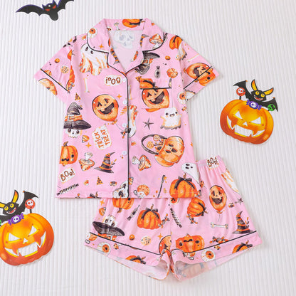 Women's Halloween Print Lapel Pajama Set – Mid-Year Sale: Casual, Comfortable Short-Sleeve Top & Shorts – All-Season Loungewear