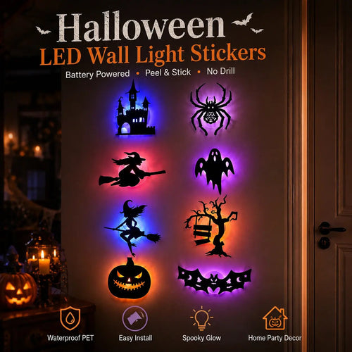 🔥 LAST DAY 50% OFF | 8-Pack Halloween LED Silhouette Wall Lights – Battery-Powered Peel & Stick Decor