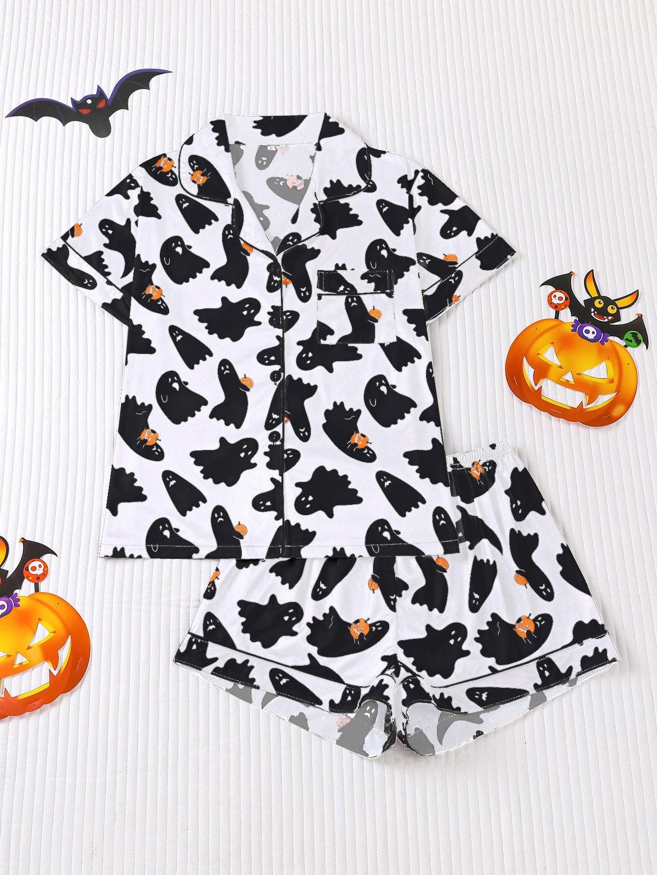 Women's Halloween Print Lapel Pajama Set – Mid-Year Sale: Casual, Comfortable Short-Sleeve Top & Shorts – All-Season Loungewear