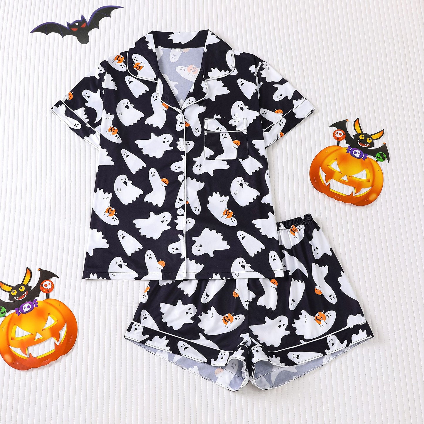 Women's Halloween Print Lapel Pajama Set – Mid-Year Sale: Casual, Comfortable Short-Sleeve Top & Shorts – All-Season Loungewear