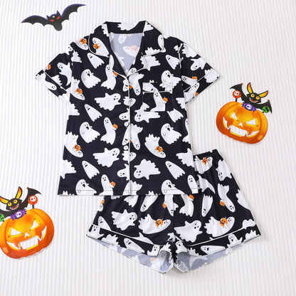 Women's Halloween Print Lapel Pajama Set – Mid-Year Sale: Casual, Comfortable Short-Sleeve Top & Shorts – All-Season Loungewear