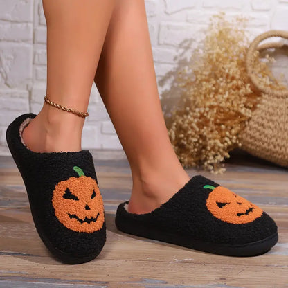 Women Men Comfy Faux Fur Lined Skull Pumpkin Plush Slippers Antislip Soft Sole House Shoes Bedroom Shoes Flat Slides Fluffy Footwear Halloween gift