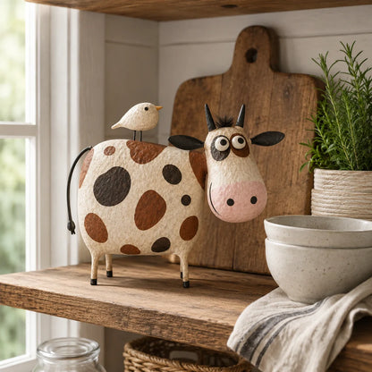 Whimsical Cow & Bird Figurine – Charming Folk Art Farmhouse Decor