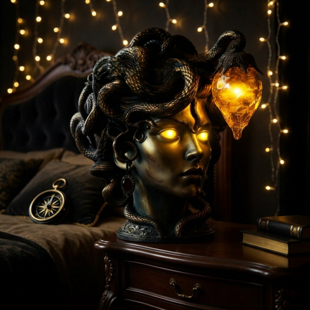 🐍 Medusa Gothic Lamp – Glowing Eyes Mythology Decor for Dark Fantasy Rooms ✨