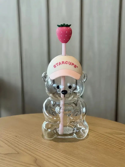 2026 New Cute Beaar Glass Tumbler with Bear Lid & Strawberry Straw, Holiday Teddy Bear Cup，20oz Reusable Aesthetic Teddy Bear Cup for Iced Coffee, Boba Milk Tea, Matcha, Juice, Smoothies & Cold Drinks, Dishwasher Safe