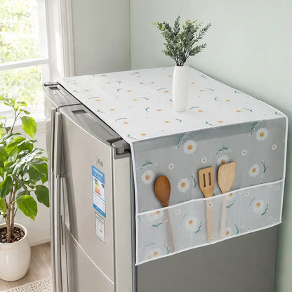 Daisy-print refrigerator dust cover with storage pockets