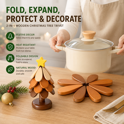 🎄 50% OFF Today | Folding Wooden Christmas Tree Trivet | Heat Resistant Expandable Solid Wood Pot Holder & Holiday Table Decor