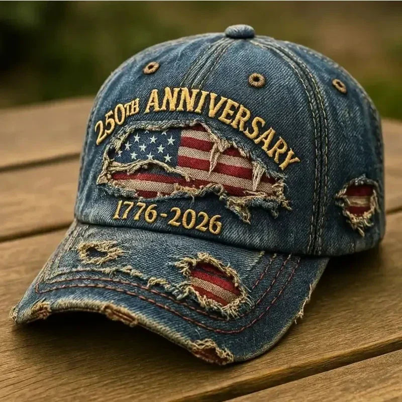 🎁250th Anniversary 1776-2026 Distressed Denim Baseball Cap for Men American Flag Embroidery