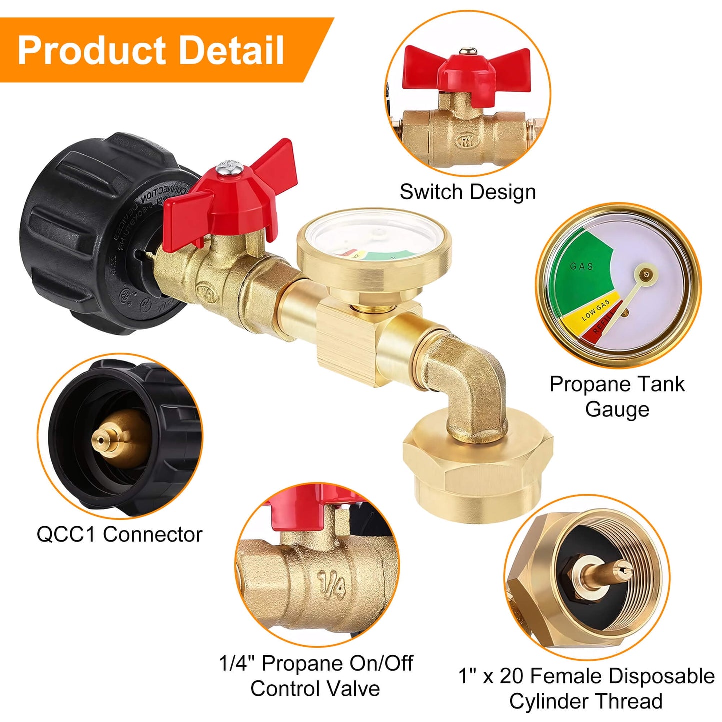 Upgraded Propane Refill Adapter with Valve and Gauge, Fill 1 lb Bottles from 20 lb Tank, Solid Brass