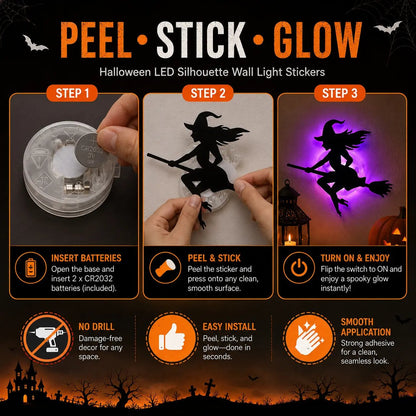 🔥 LAST DAY 50% OFF | 8-Pack Halloween LED Silhouette Wall Lights – Battery-Powered Peel & Stick Decor