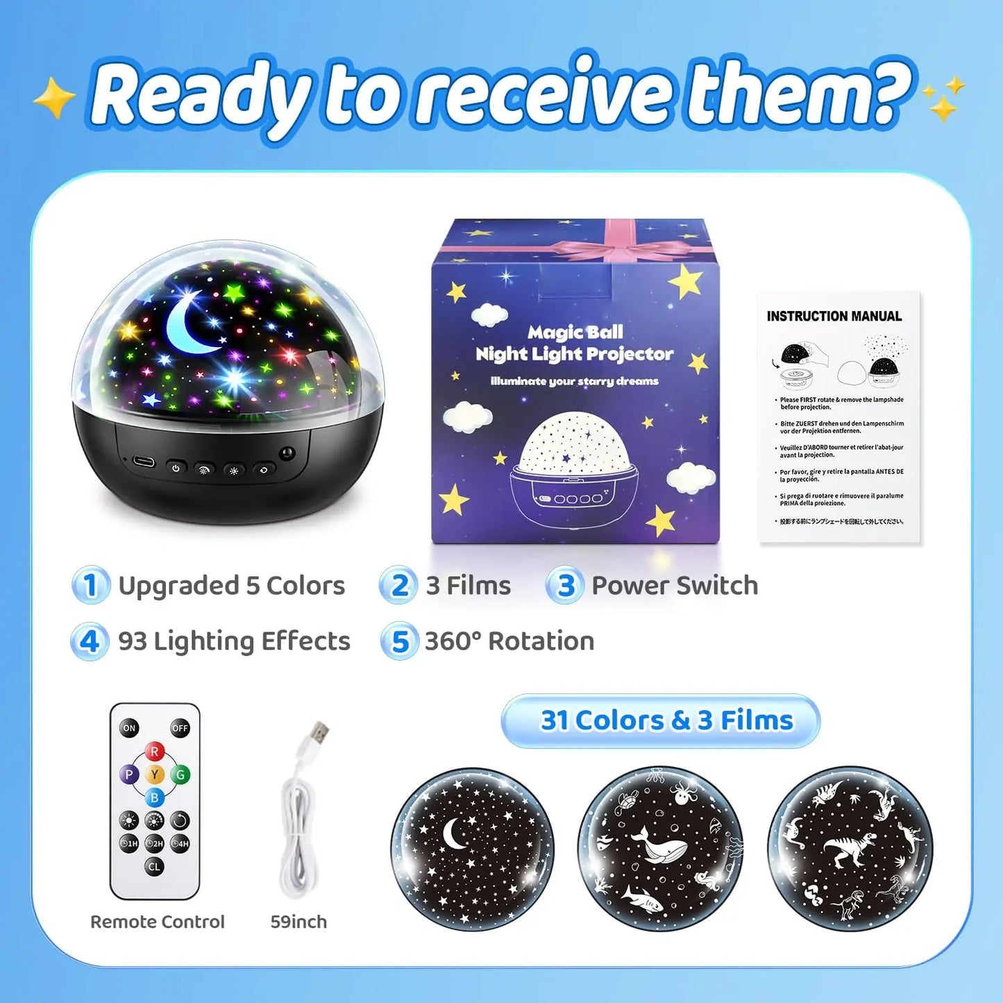 Magical 5-in-1 Kids Star Projector 🌙✨ 91 Light Effects • Remote Control • 360° Rotation • Perfect Bedtime Gift