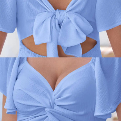 🌈50% OFF TODAY🚀Women's Sweetheart Knot Front Dress Flutter Sleeve Tie Back A-Line Chiffon Mini Dresses