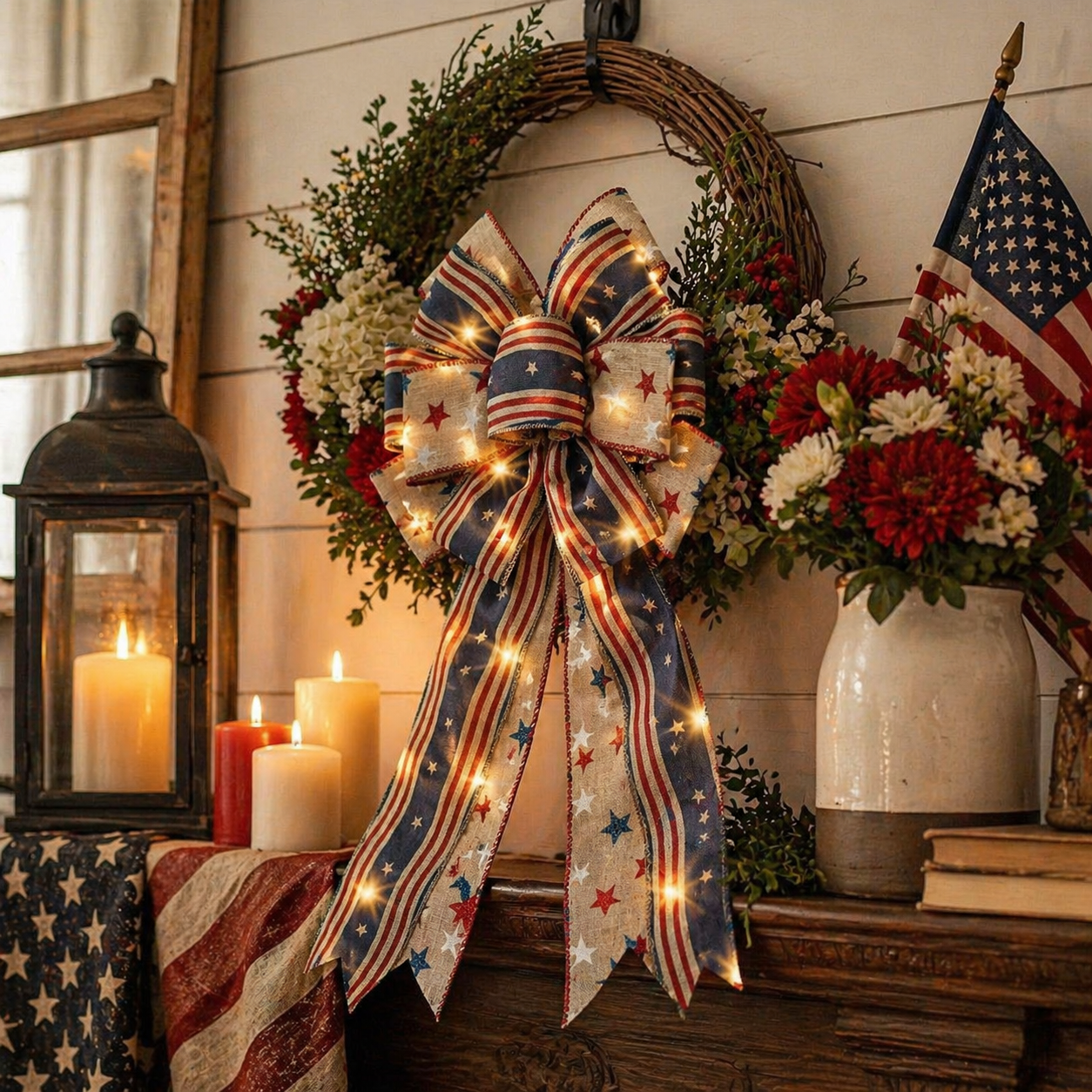 Show Your American Pride ❤️🤍💙 2Pcs LED Patriotic Burlap Bow Set For Front Door & Wreath Decor