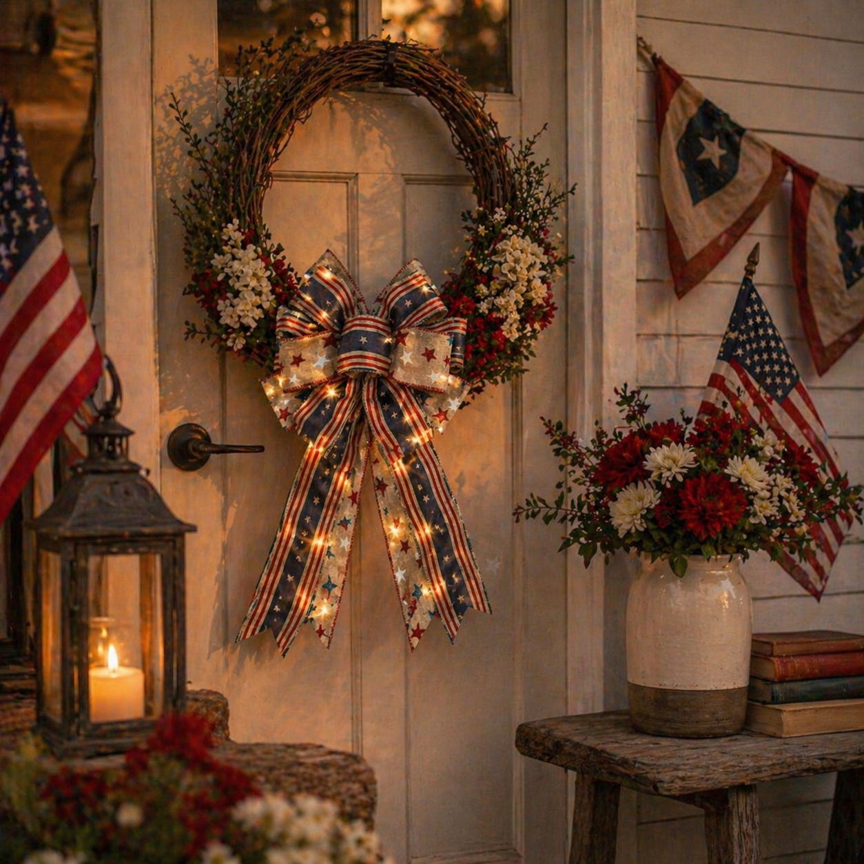 Show Your American Pride ❤️🤍💙 2Pcs LED Patriotic Burlap Bow Set For Front Door & Wreath Decor