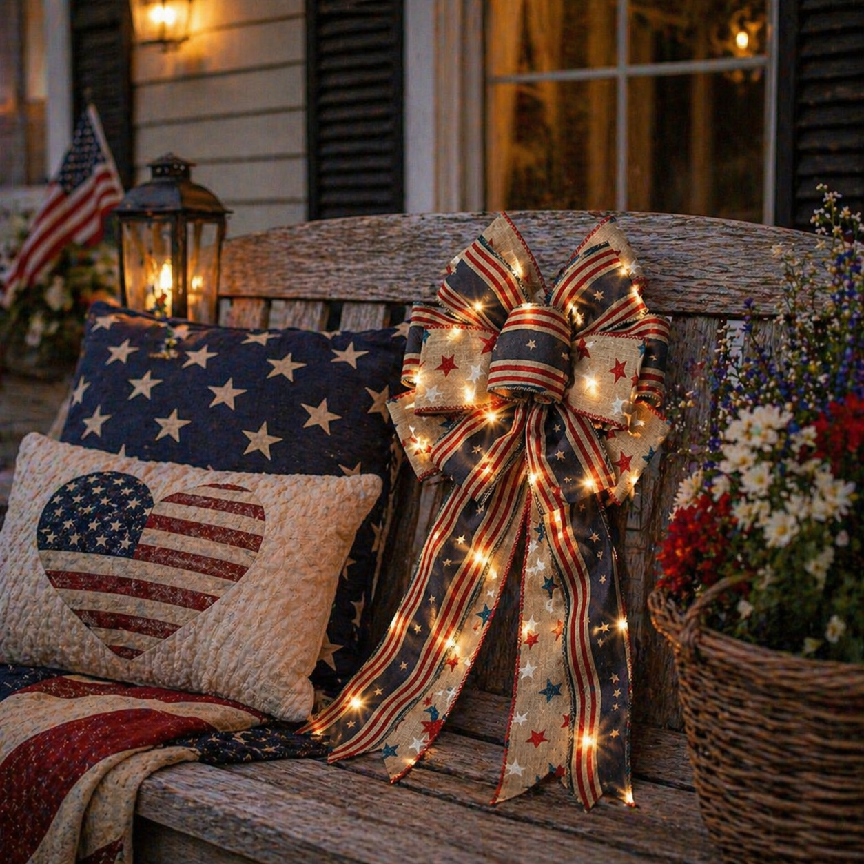 Show Your American Pride ❤️🤍💙 2Pcs LED Patriotic Burlap Bow Set For Front Door & Wreath Decor