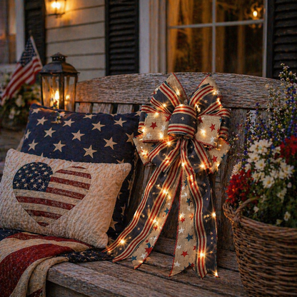 Show Your American Pride ❤️🤍💙 2Pcs LED Patriotic Burlap Bow Set For Front Door & Wreath Decor
