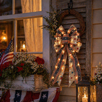 Show Your American Pride ❤️🤍💙 2Pcs LED Patriotic Burlap Bow Set For Front Door & Wreath Decor