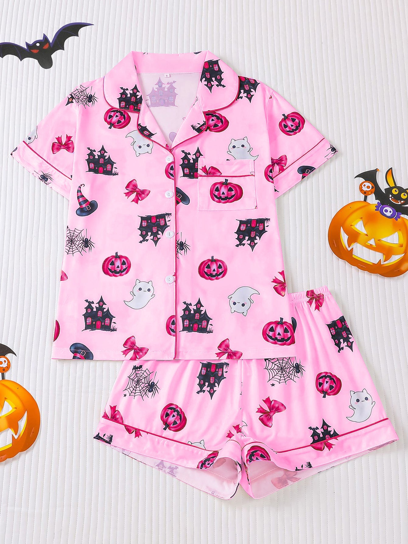 Women's Halloween Print Lapel Pajama Set – Mid-Year Sale: Casual, Comfortable Short-Sleeve Top & Shorts – All-Season Loungewear