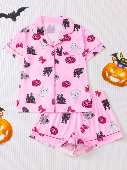 Women's Halloween Print Lapel Pajama Set – Mid-Year Sale: Casual, Comfortable Short-Sleeve Top & Shorts – All-Season Loungewear