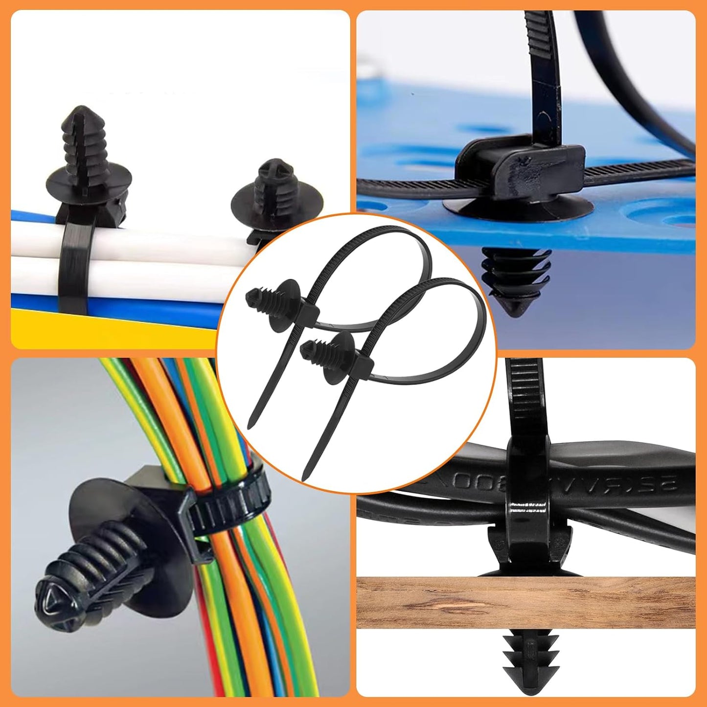 110 PCS Automotive Installation Black Push Mount Cable Zip Ties Assorted Sizes