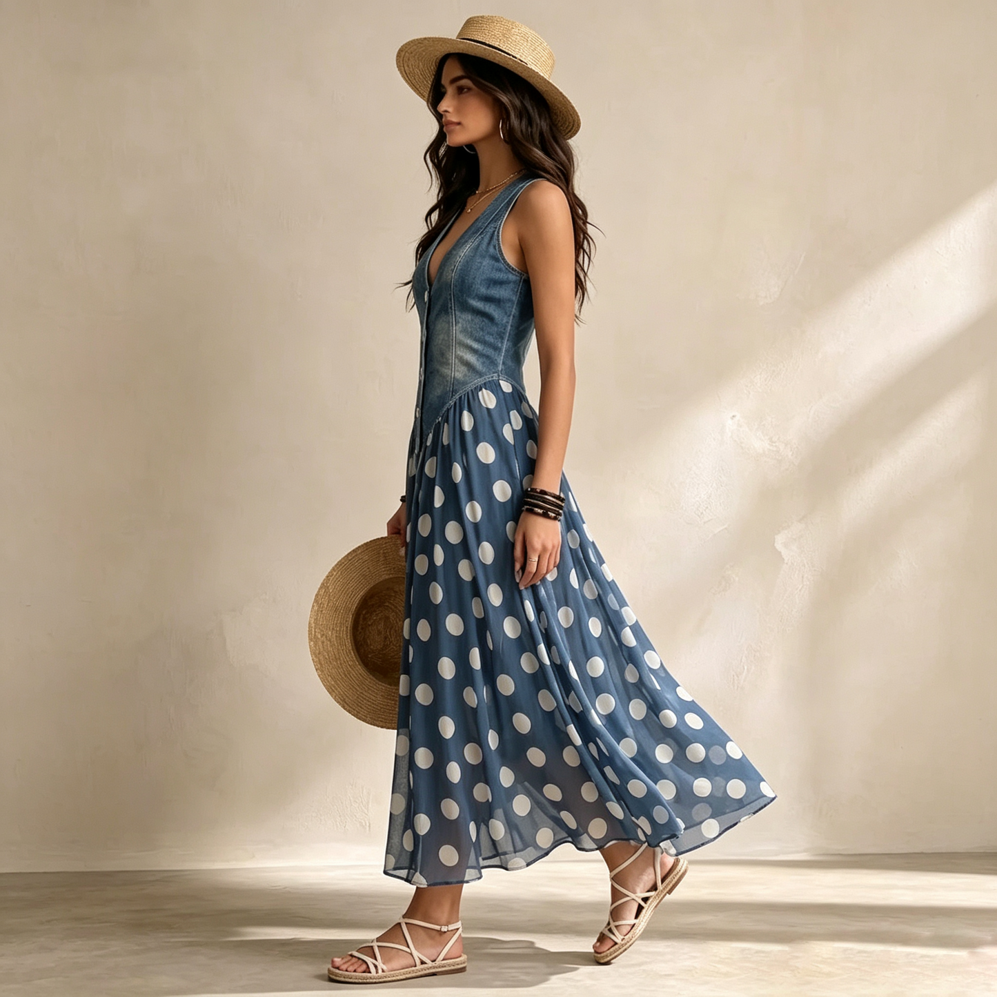 Sleeveless Denim Patchwork Maxi Dress with Polka Dot Chiffon Skirt