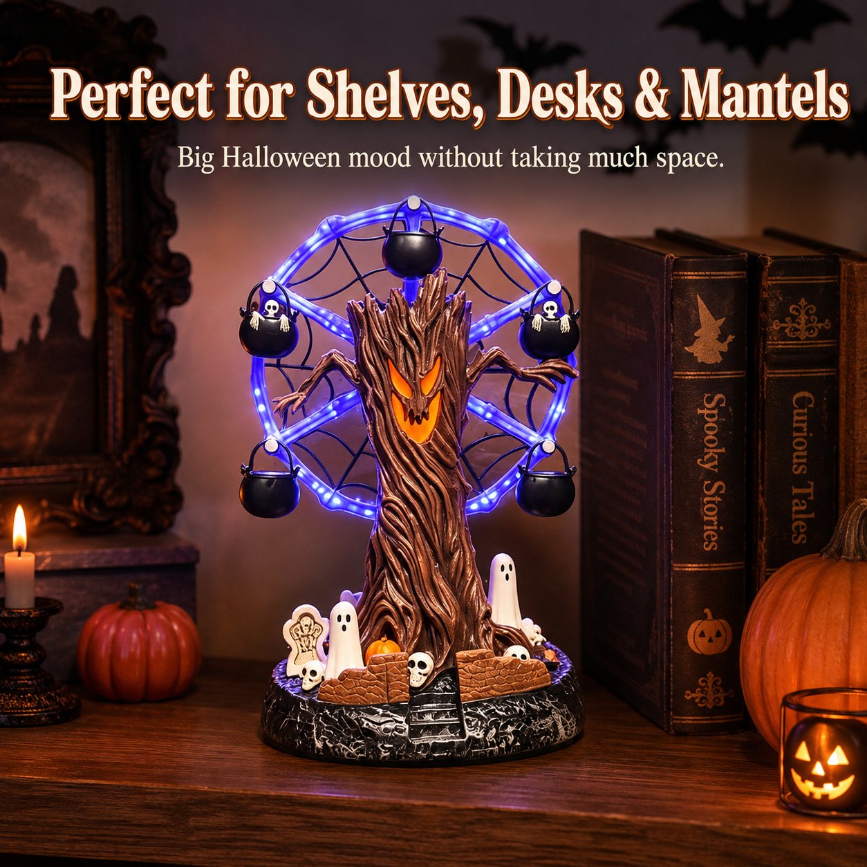 🎃 Halloween Haunted Tree Ferris Wheel Tabletop Decor, Light Up Resin Spooky Ghost Mini Scene Ornament