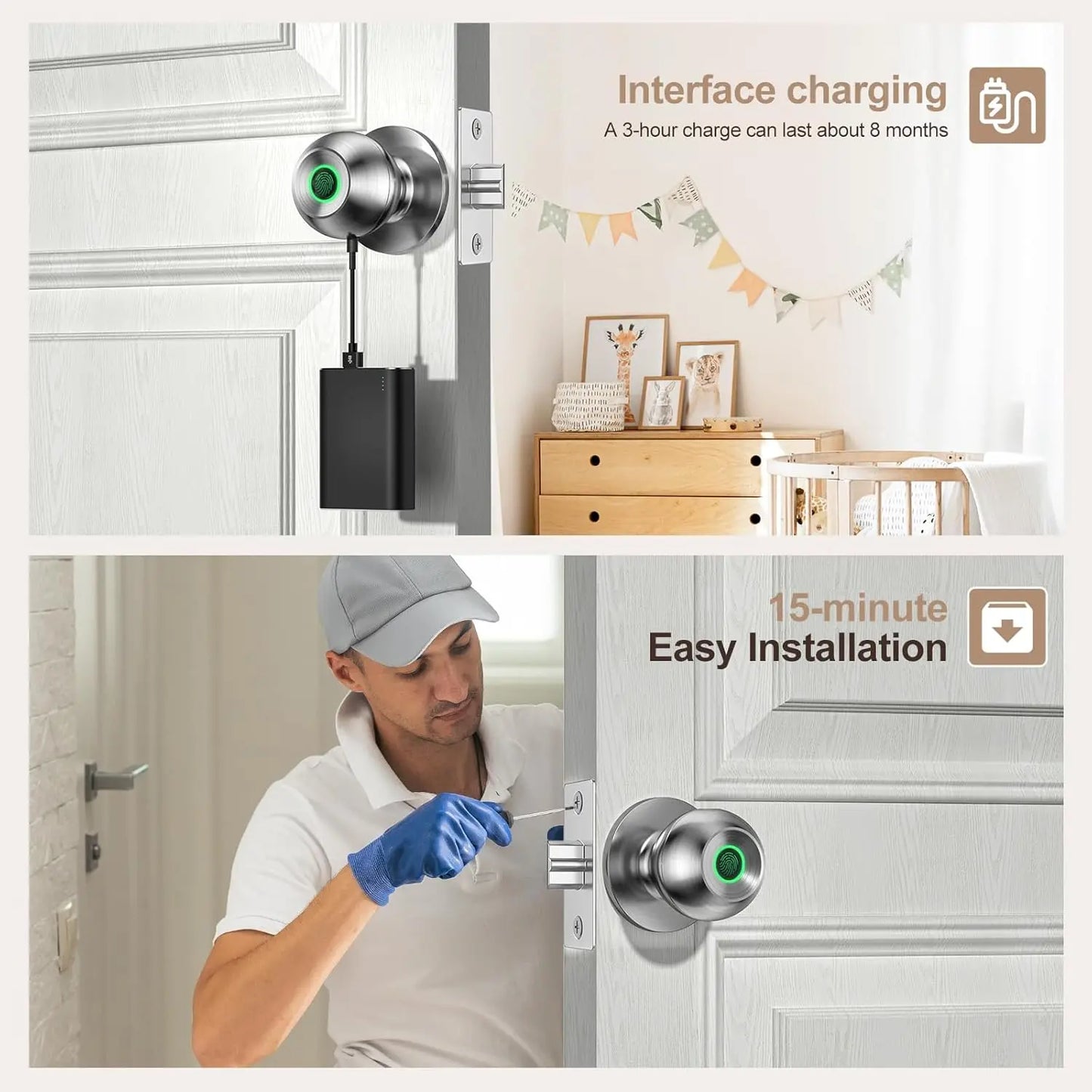 Biometric Door Knob, Keyless Entry Door Lock for Garages-2 Pcs