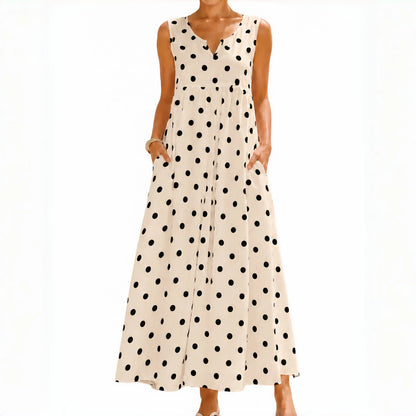 Polka Pockets Long Dress Sleeveless Berry Garden Sleeveless Maxi Dress Casual Summer Vacation Dress Womenswear Fitted Vneck