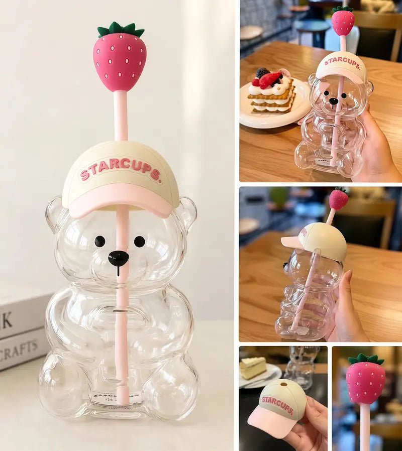 2026 New Cute Beaar Glass Tumbler with Bear Lid & Strawberry Straw, Holiday Teddy Bear Cup，20oz Reusable Aesthetic Teddy Bear Cup for Iced Coffee, Boba Milk Tea, Matcha, Juice, Smoothies & Cold Drinks, Dishwasher Safe