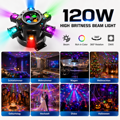 MDT Super 6-IN-1 Moving Head DJ Lights with RGBW 6-Arm Beams, Bee-Eyes Effect