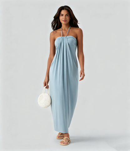 Draped Halter Tie Back Midi Dress with Pockets