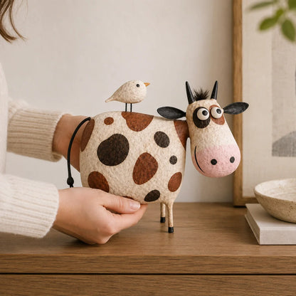 Whimsical Cow & Bird Figurine – Charming Folk Art Farmhouse Decor