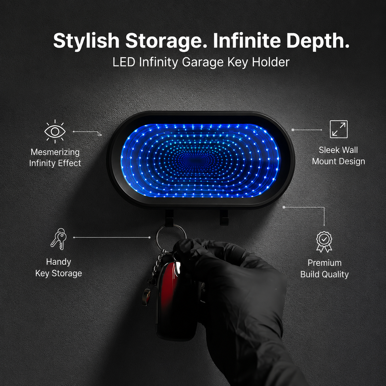 🌟Infinity LED Garage Key Holder | Illusion Mirror Rechargeable Holder