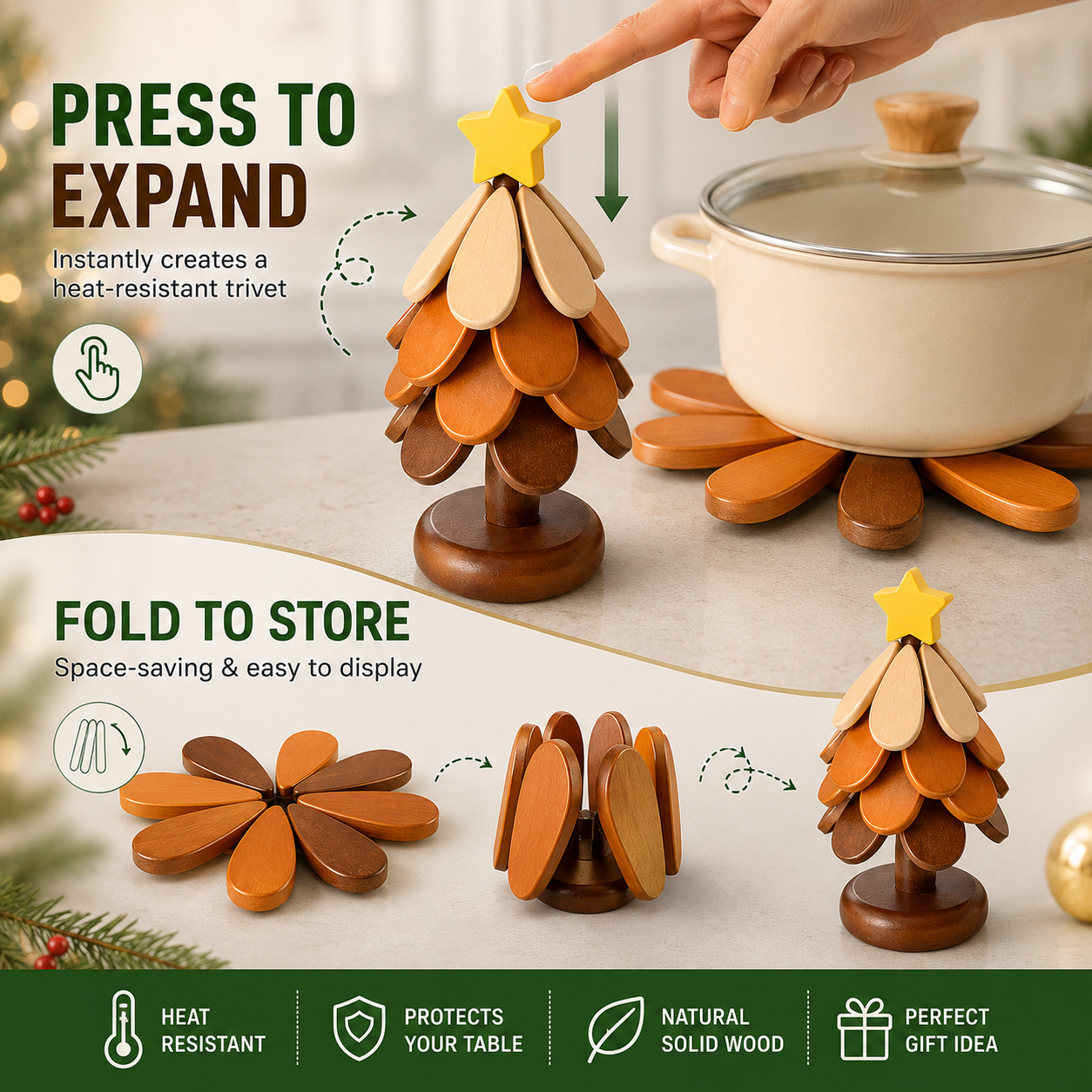 🎄 50% OFF Today | Folding Wooden Christmas Tree Trivet | Heat Resistant Expandable Solid Wood Pot Holder & Holiday Table Decor