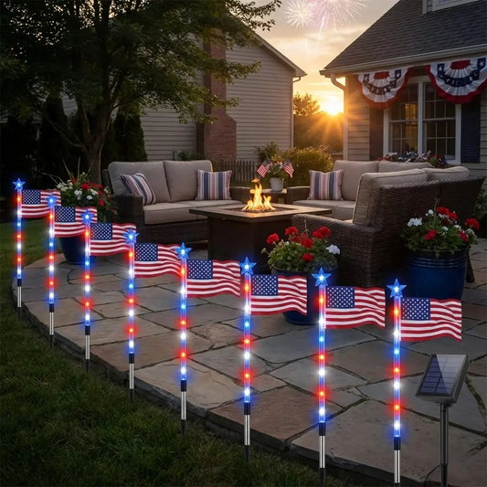 8-Piece American Flag Solar Pathway Lights - Red, White & Blue LED Patriotic Stakes with 8 Lighting Modes - IP65 Waterproof Garden Decor for 4th of July & Memorial Day