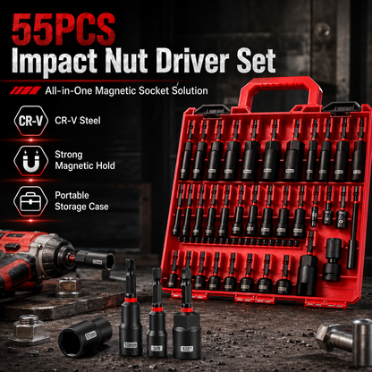 Magnetic Impact Nut Driver Set 55PCS – CR-V Steel Socket Tool Kit for Drill