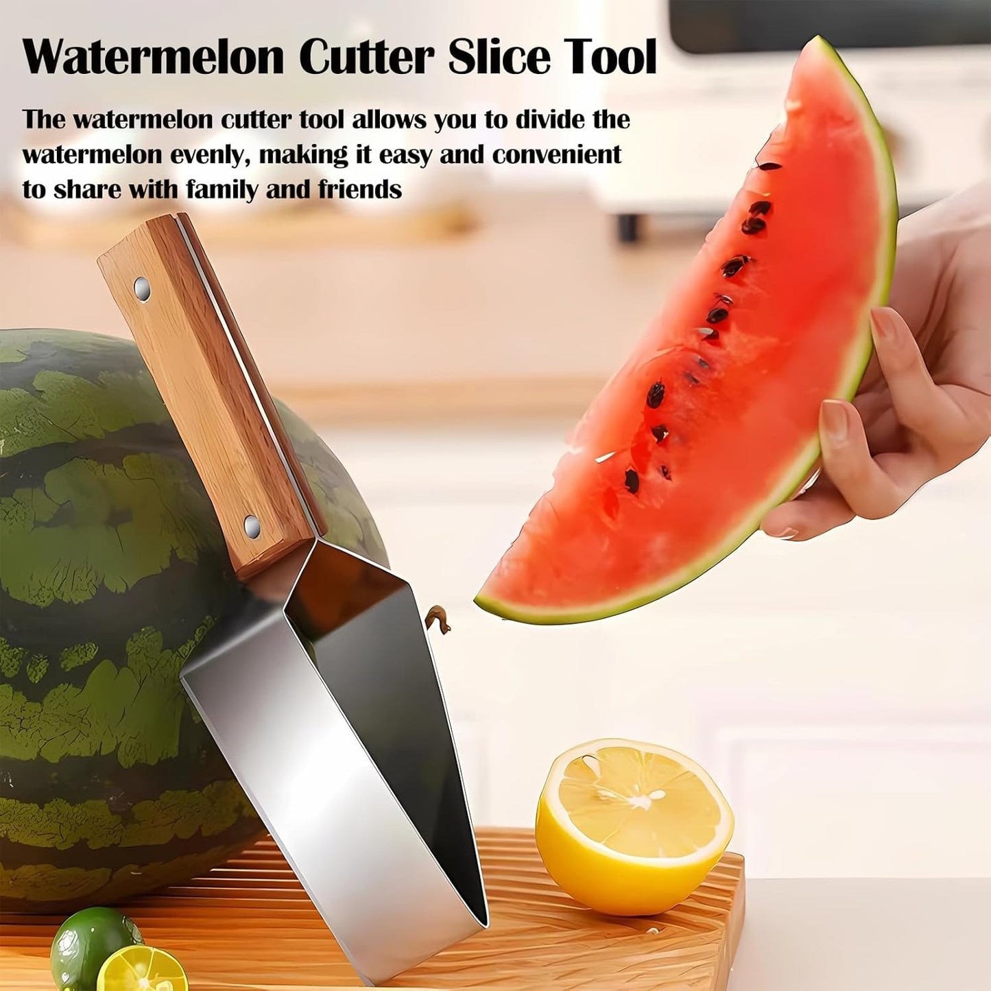Stainless Steel Watermelon Wedge Cutter with Wooden Handle, Fruit Melon Slicer Kitchen Gadget