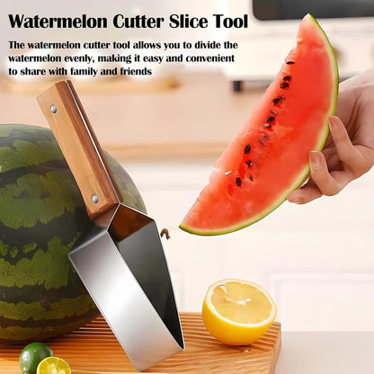 Stainless Steel Watermelon Wedge Cutter with Wooden Handle, Fruit Melon Slicer Kitchen Gadget
