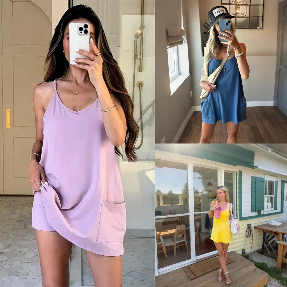 🔥Limited time offer🔥Womens Summer Sleeveless Mini Dress V Neck Spaghetti